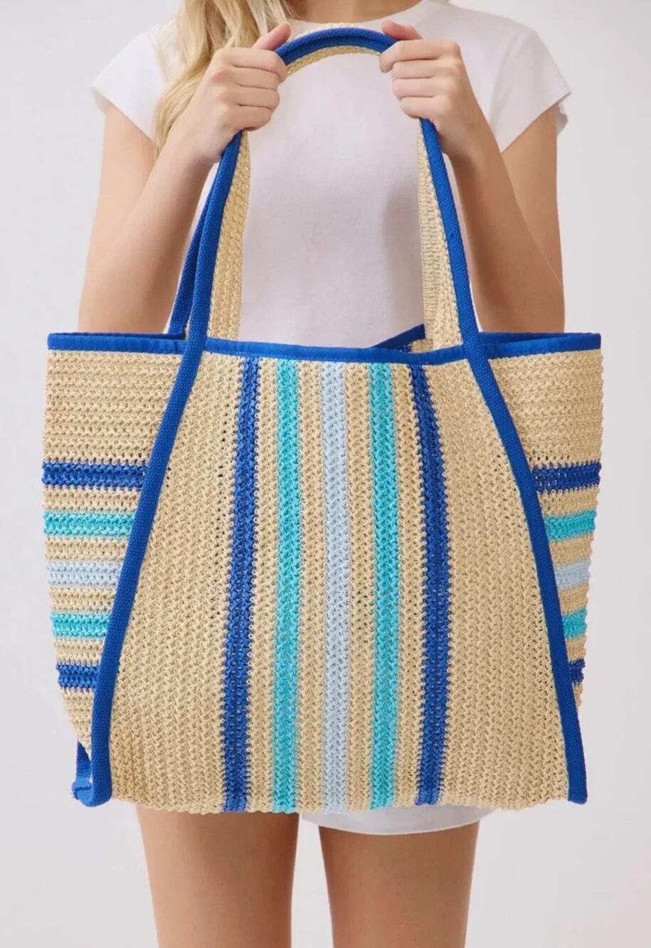 Styline Crochet Striped Beach Tote Bag Tan Blue